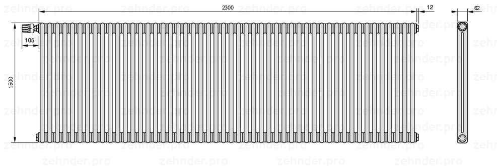 Схема (чертеж) Радиатор Zehnder Charleston 2150/50 №V011 Белый глянцевый RAL 9016